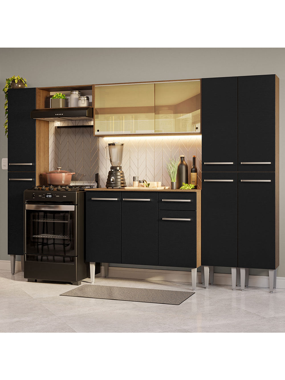 Armário de Cozinha Completa 261cm Rustic/Preto Emilly Madesa 07 - Rustic/Preto
