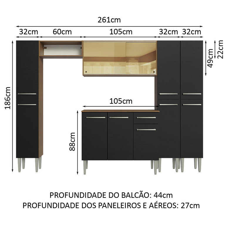 Armário de Cozinha Completa 261cm Rustic/Preto Emilly Madesa 07