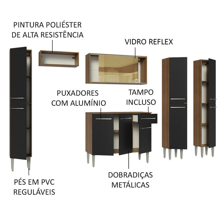 Armário de Cozinha Completa 261cm Rustic/Preto Emilly Madesa 07