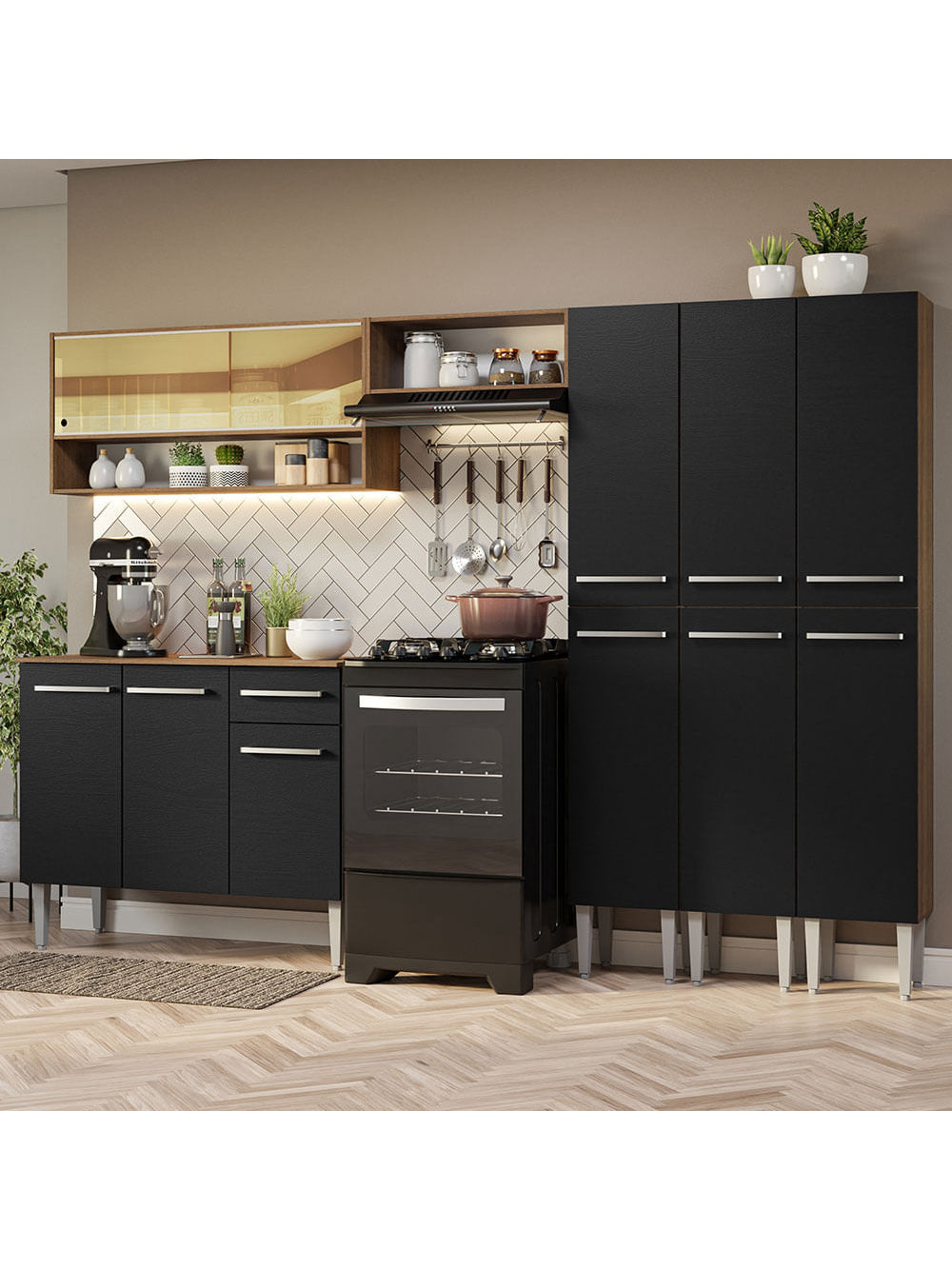 Armário de Cozinha Completa 261cm Rustic/Preto Emilly Madesa 08 - Rustic/Preto