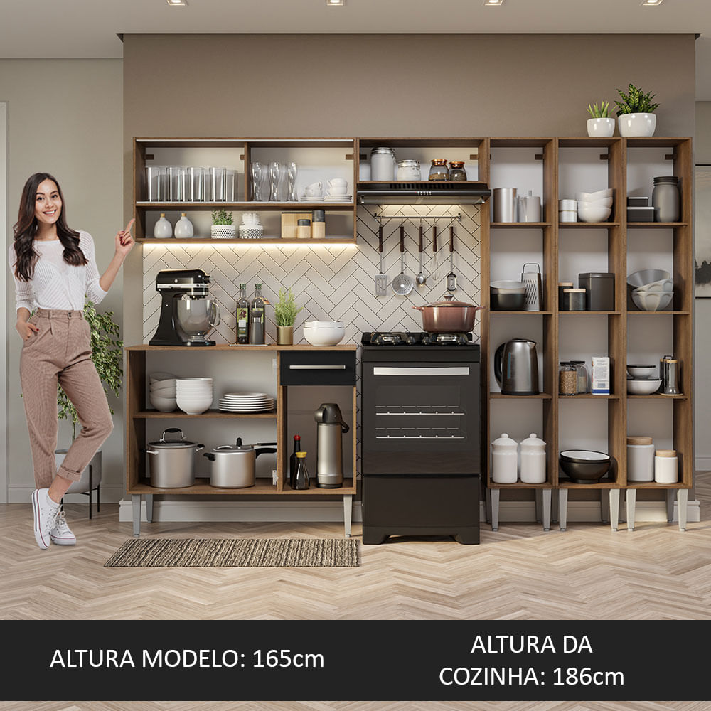 Armário de Cozinha Completa 261cm Rustic/Preto Emilly Madesa 08