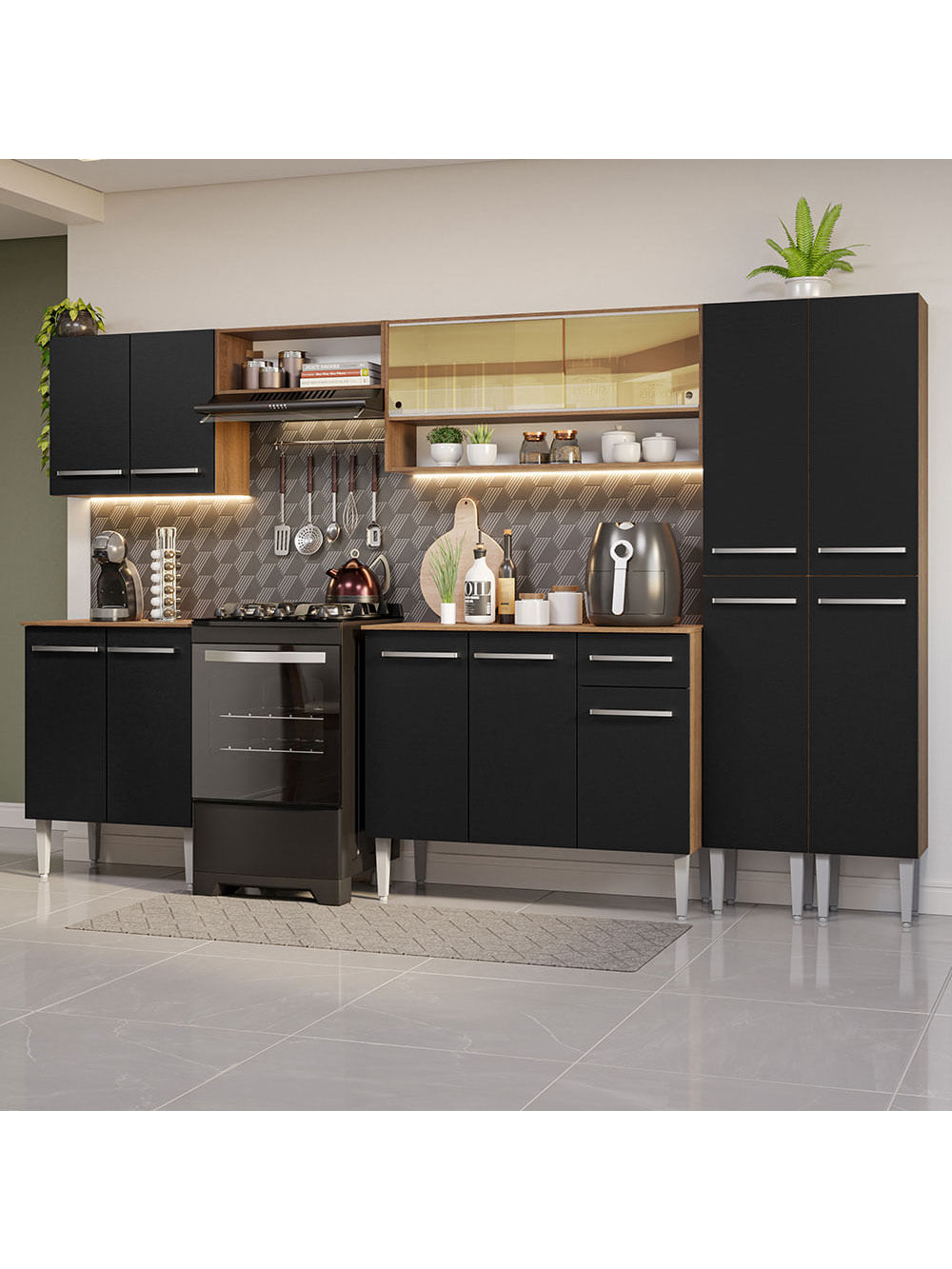Armário de Cozinha Completa 293cm Rustic/Preto Emilly Madesa 03 - Rustic/Preto