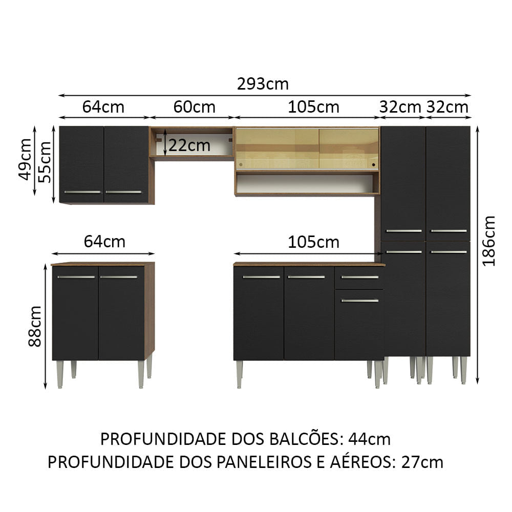 Armário de Cozinha Completa 293cm Rustic/Preto Emilly Madesa 03
