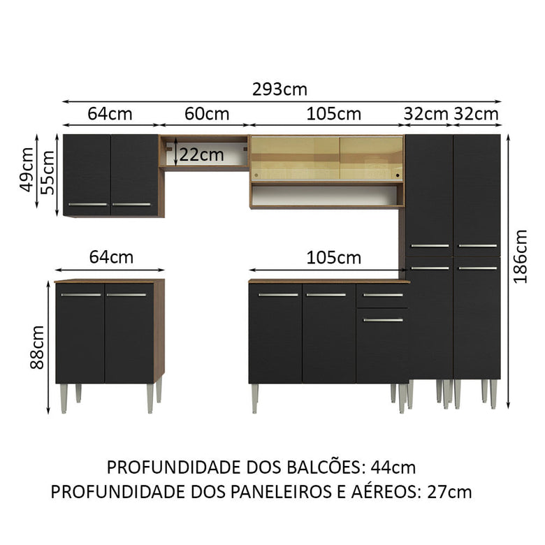 Armário de Cozinha Completa 293cm Rustic/Preto Emilly Madesa 03