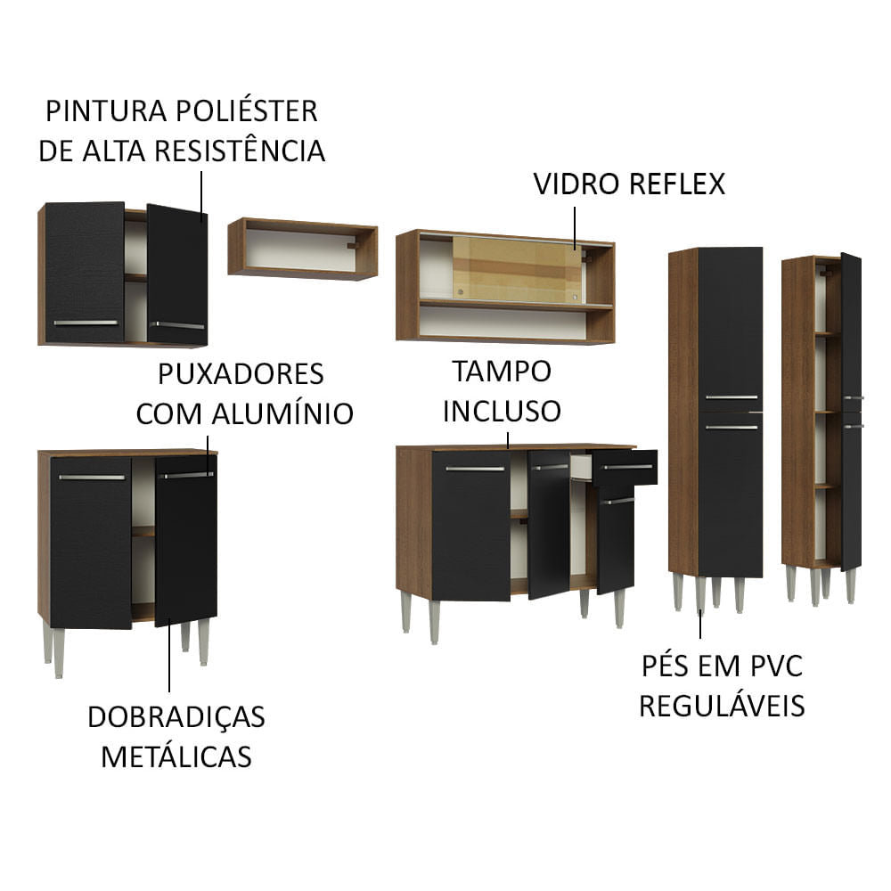 Armário de Cozinha Completa 293cm Rustic/Preto Emilly Madesa 03