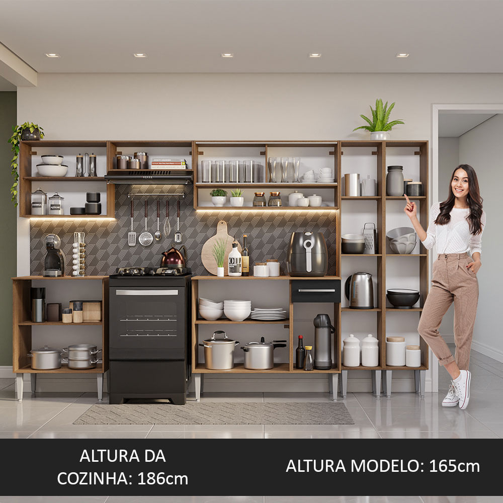 Armário de Cozinha Completa 293cm Rustic/Preto Emilly Madesa 03