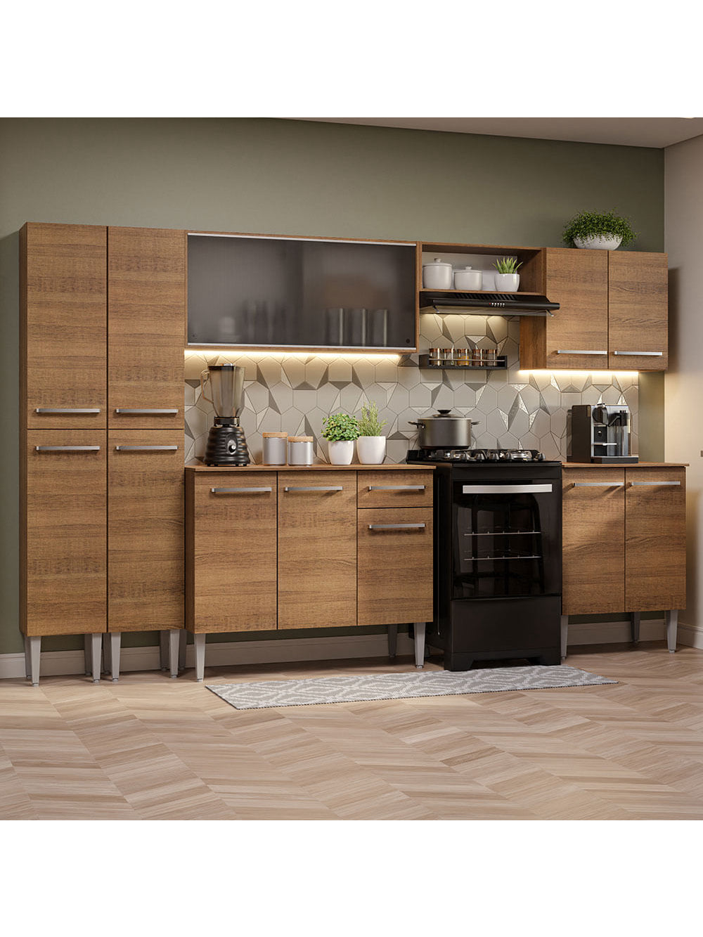 Armário de Cozinha Completa 293cm Rustic Emilly Madesa 04 - Rustic