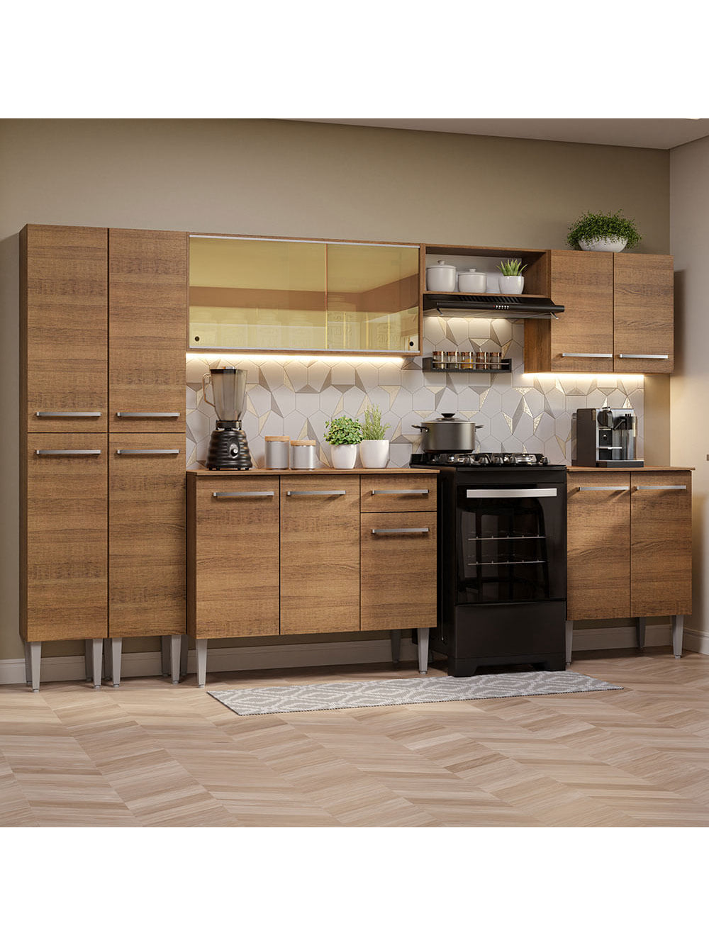 Armário de Cozinha Completa 293cm Rustic Emilly Madesa 05 - Rustic