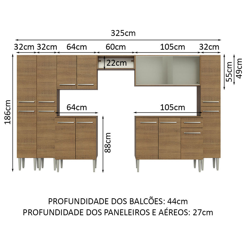 Armário de Cozinha Completa 325cm Rustic Emilly Madesa 03