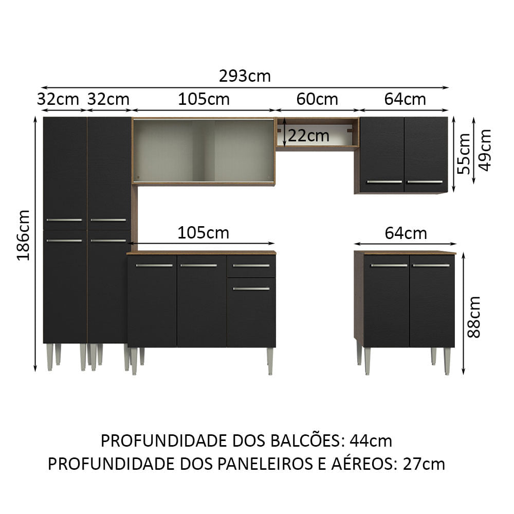 Armário de Cozinha Completa 293cm Rustic/Preto Emilly Madesa 04