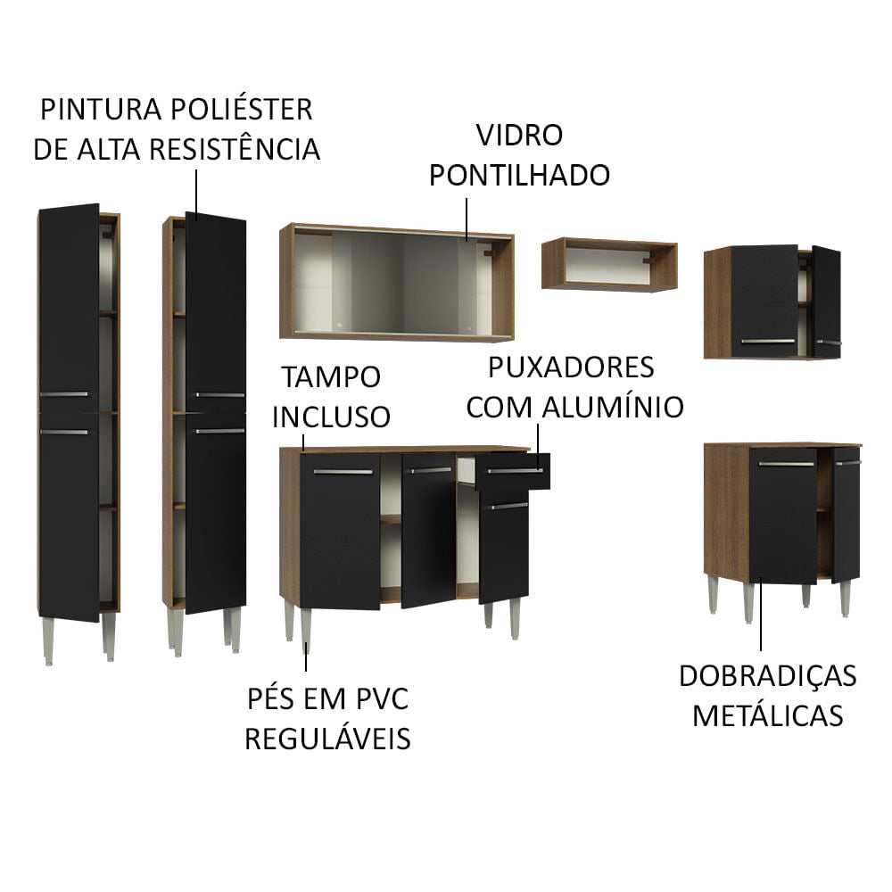 Armário de Cozinha Completa 293cm Rustic/Preto Emilly Madesa 04