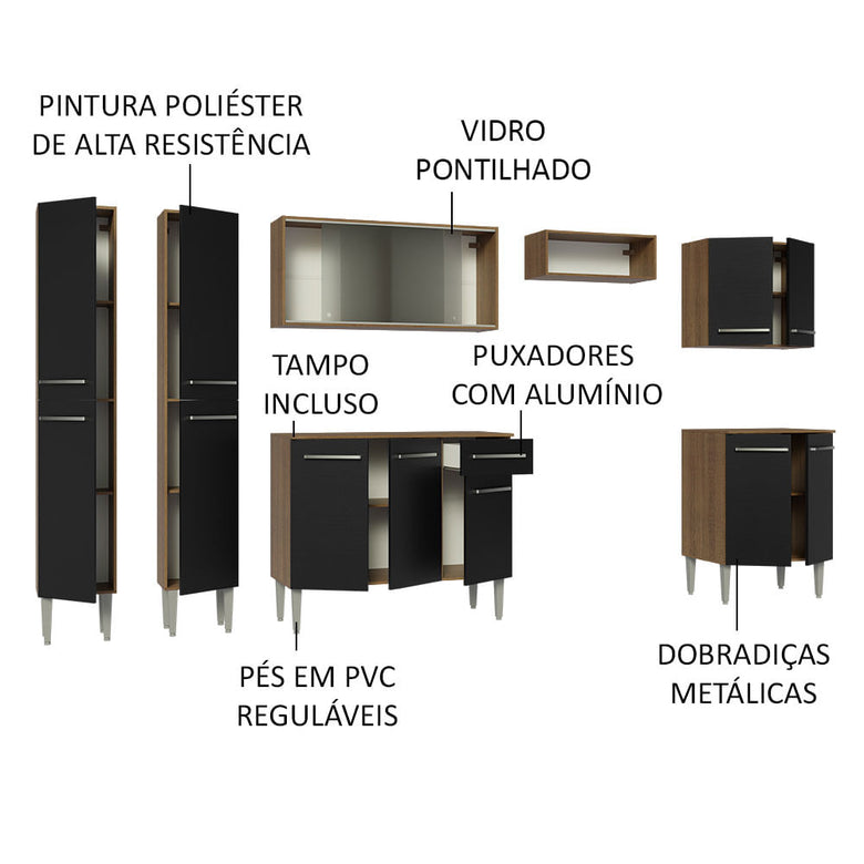 Armário de Cozinha Completa 293cm Rustic/Preto Emilly Madesa 04