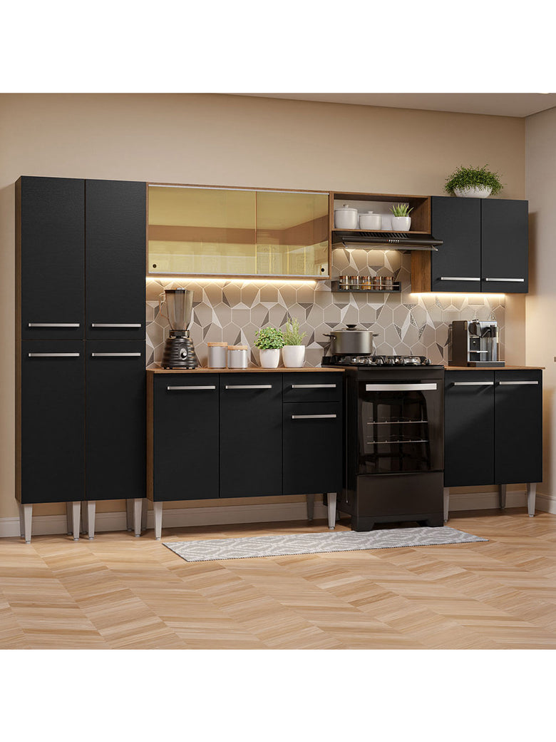 Armário de Cozinha Completa 293cm Rustic/Preto Emilly Madesa 05