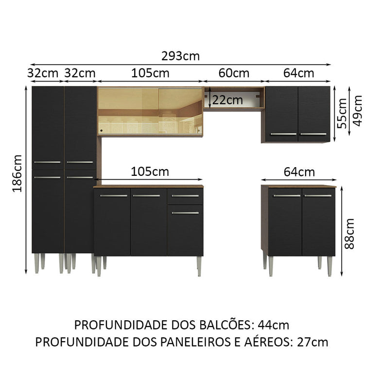 Armário de Cozinha Completa 293cm Rustic/Preto Emilly Madesa 05