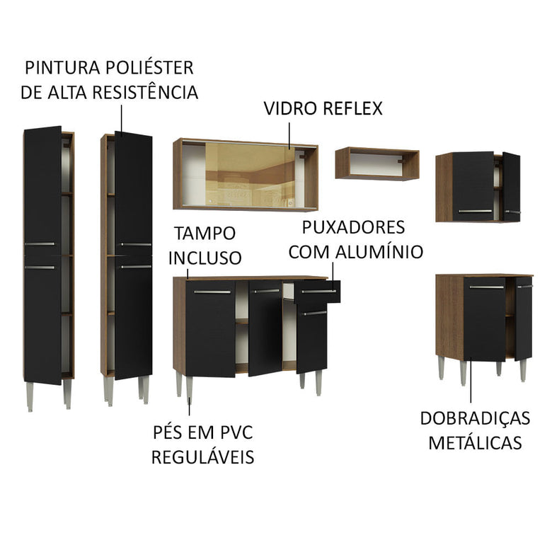 Armário de Cozinha Completa 293cm Rustic/Preto Emilly Madesa 05