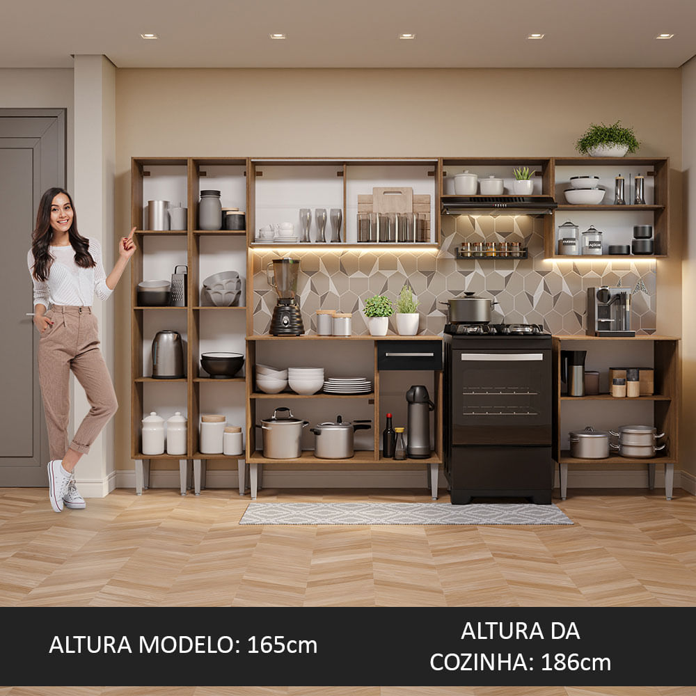 Armário de Cozinha Completa 293cm Rustic/Preto Emilly Madesa 05