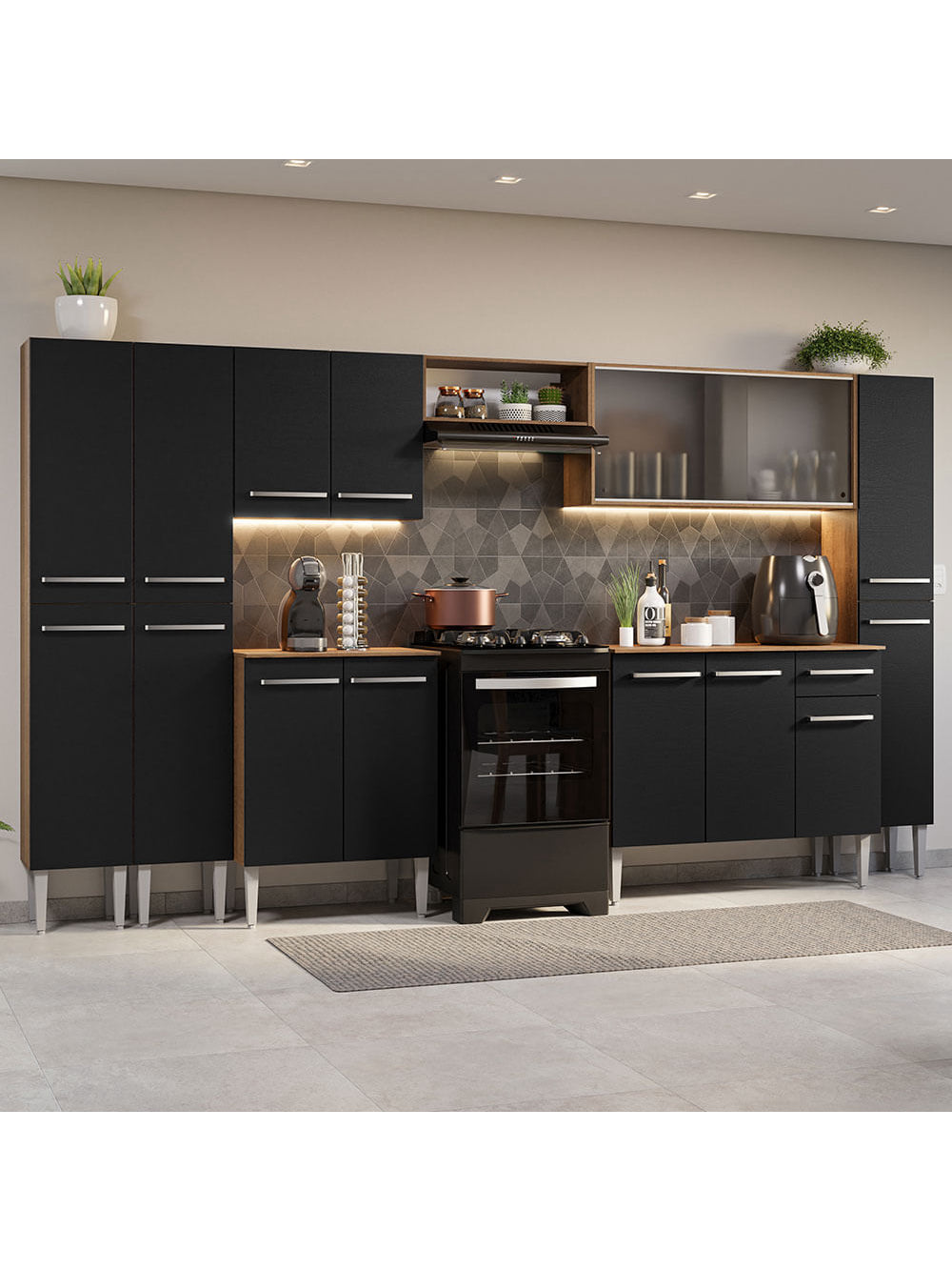 Armário de Cozinha Completa 325cm Rustic/Preto Emilly Madesa 03 - Rustic/Preto