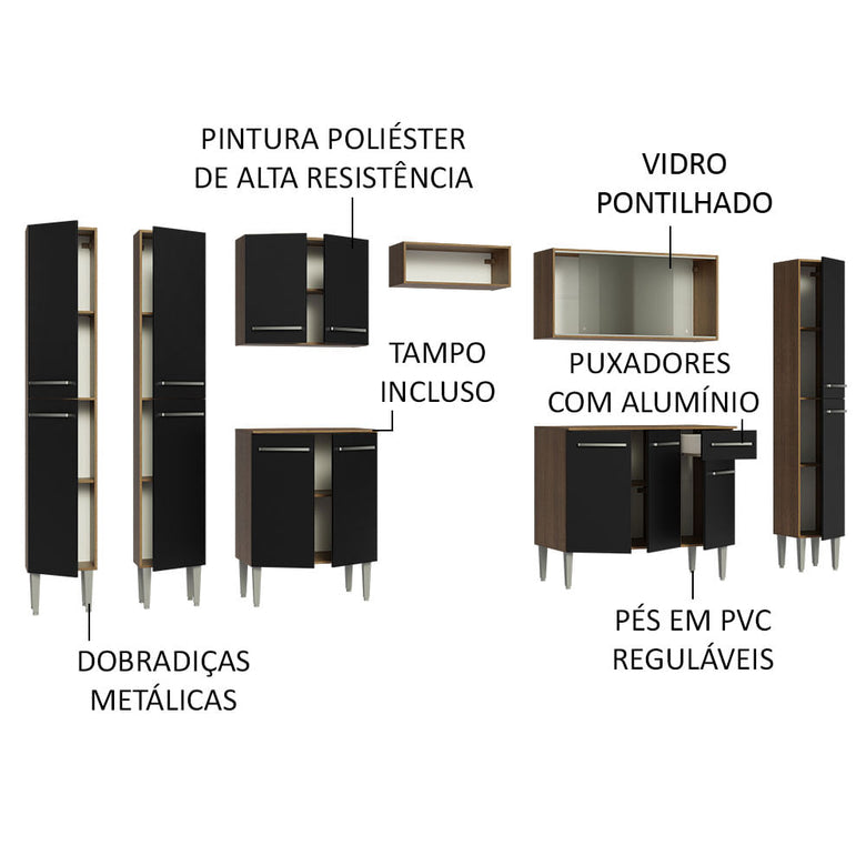 Armário de Cozinha Completa 325cm Rustic/Preto Emilly Madesa 03