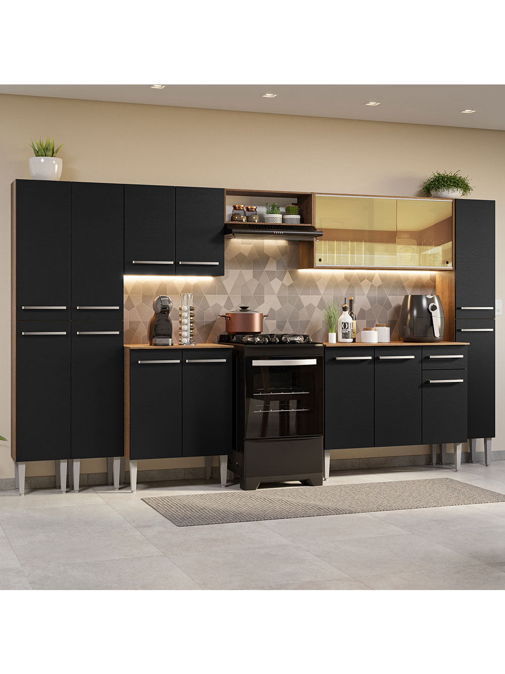 Armário de Cozinha Completa 325cm Rustic/Preto Emilly Madesa 04 - Rustic/Preto