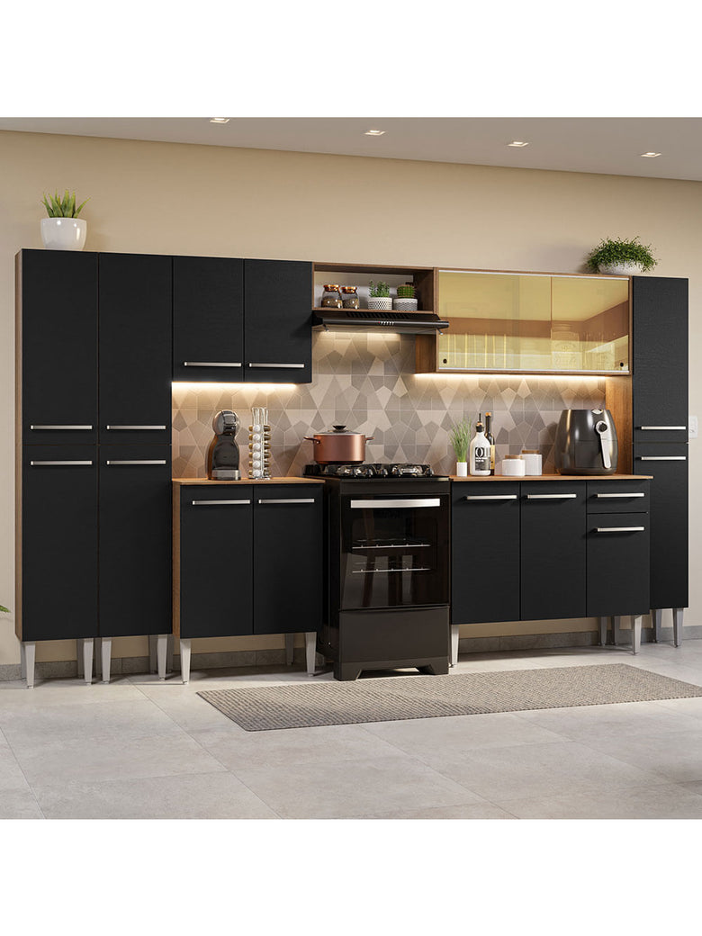 Armário de Cozinha Completa 325cm Rustic/Preto Emilly Madesa 04