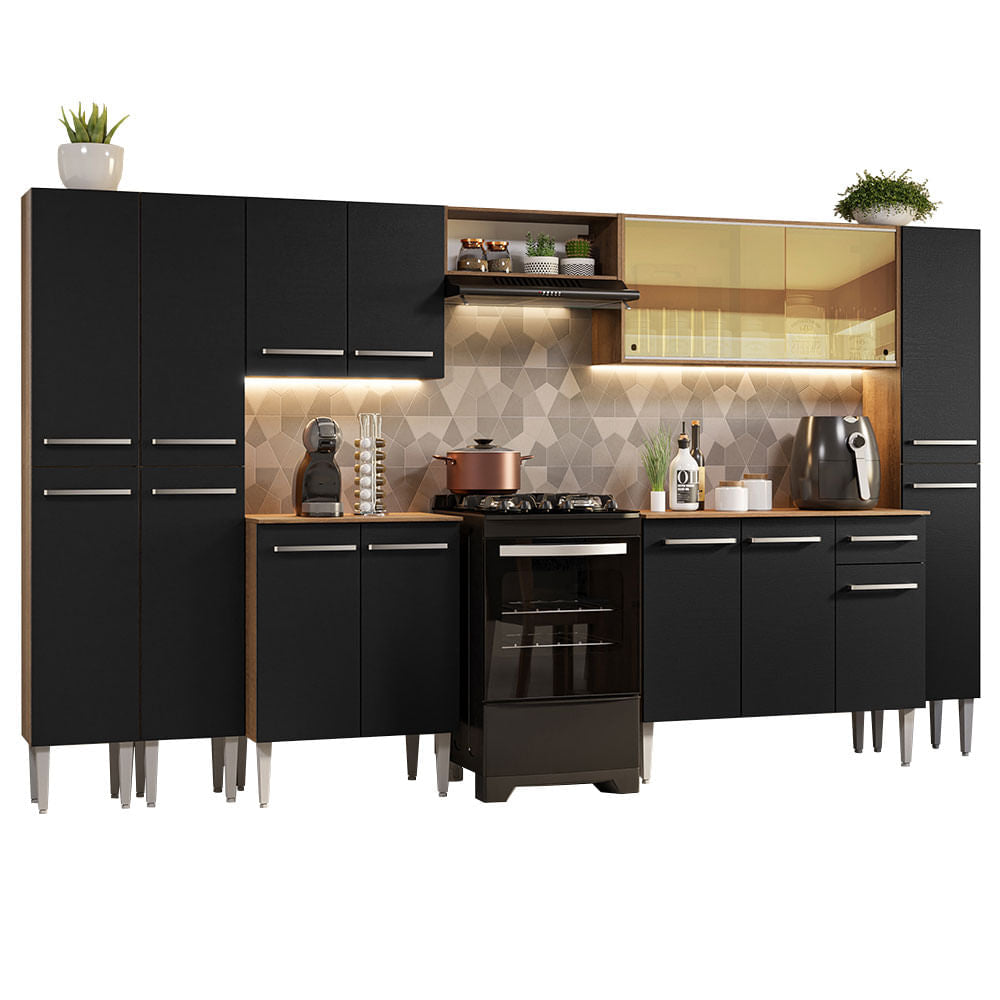 Armário de Cozinha Completa 325cm Rustic/Preto Emilly Madesa 04 - Rustic/Preto