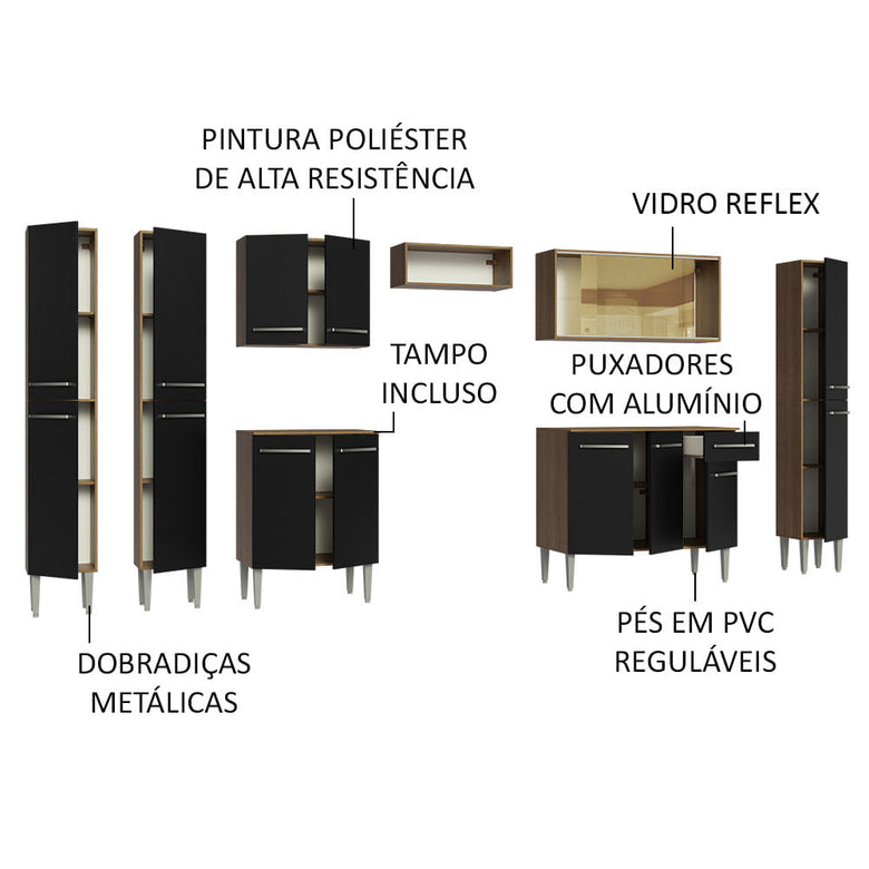 Armário de Cozinha Completa 325cm Rustic/Preto Emilly Madesa 04