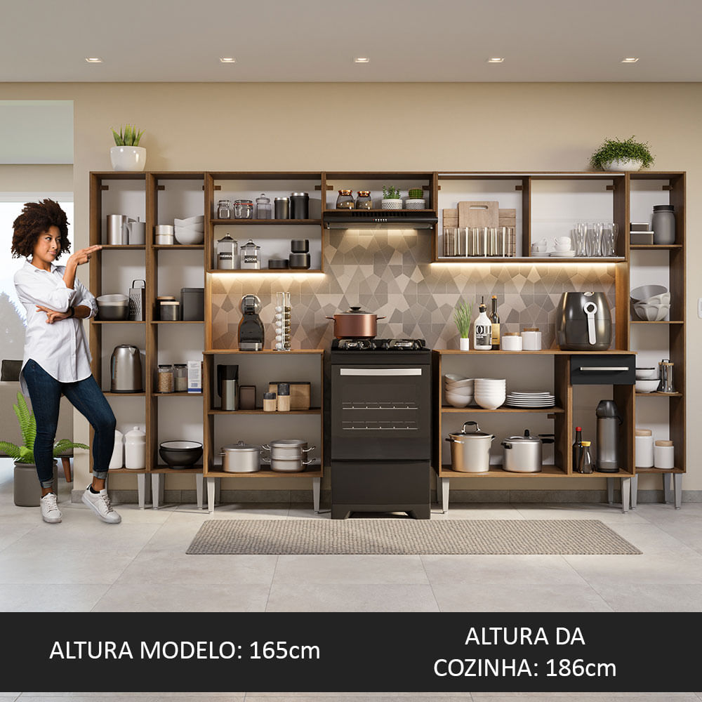 Armário de Cozinha Completa 325cm Rustic/Preto Emilly Madesa 04