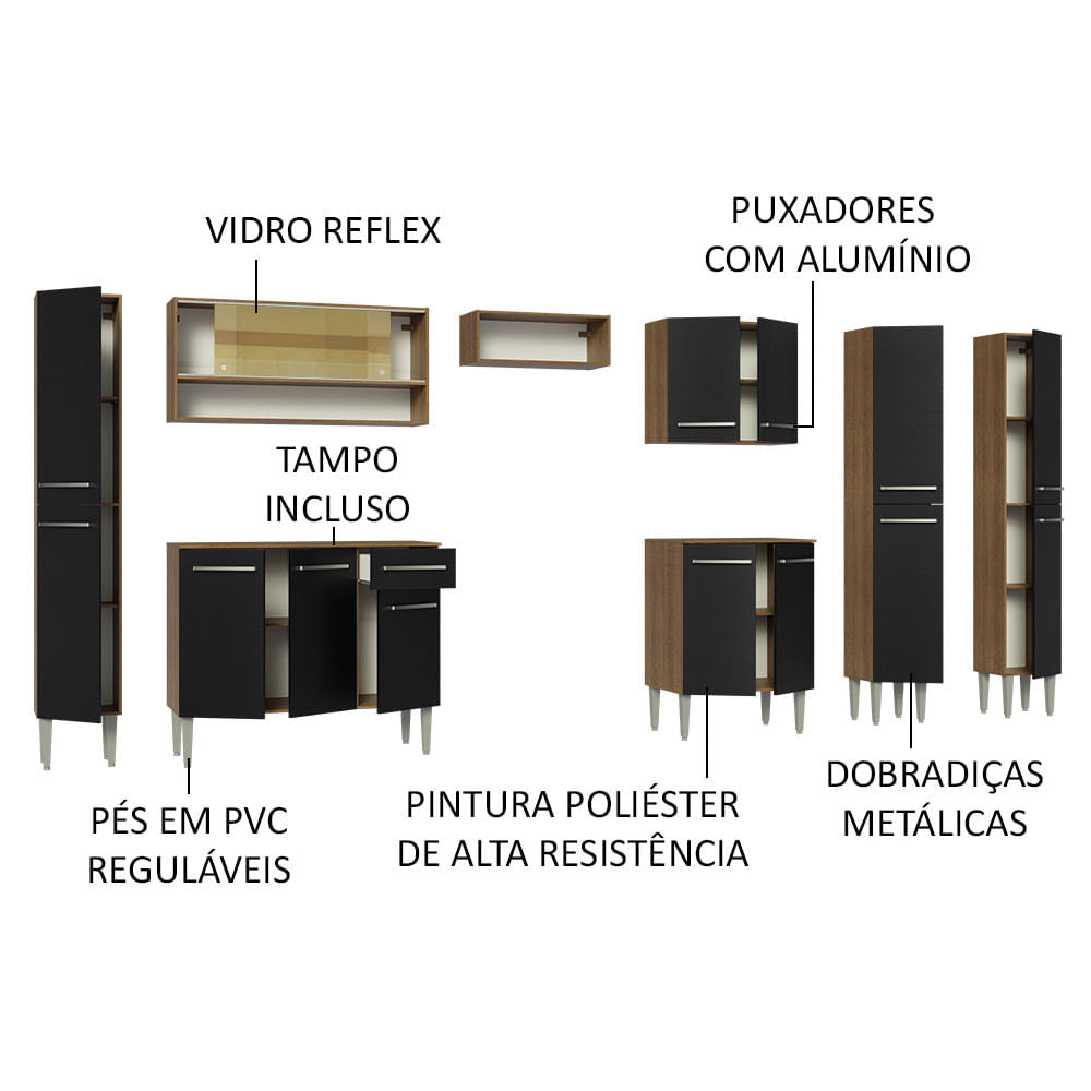 Armário de Cozinha Completa 325cm Rustic/Preto Emilly Madesa 05