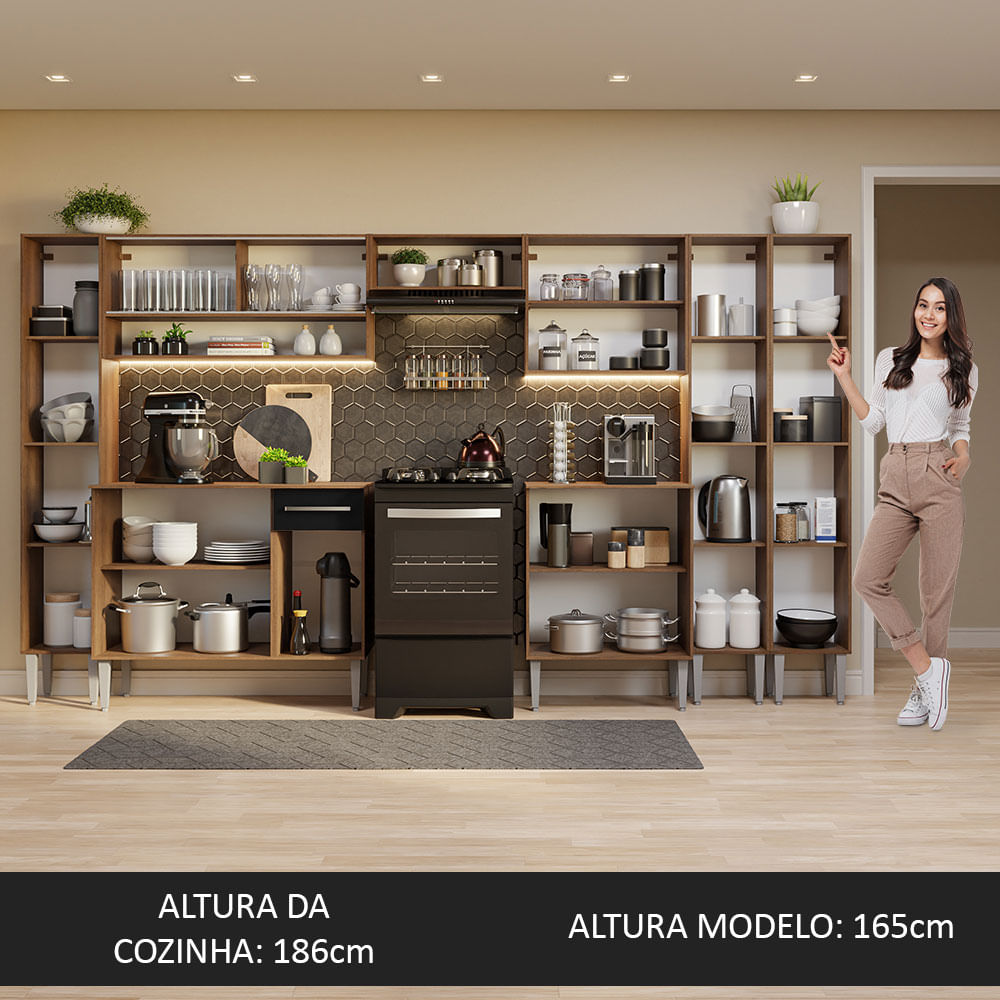 Armário de Cozinha Completa 325cm Rustic/Preto Emilly Madesa 05