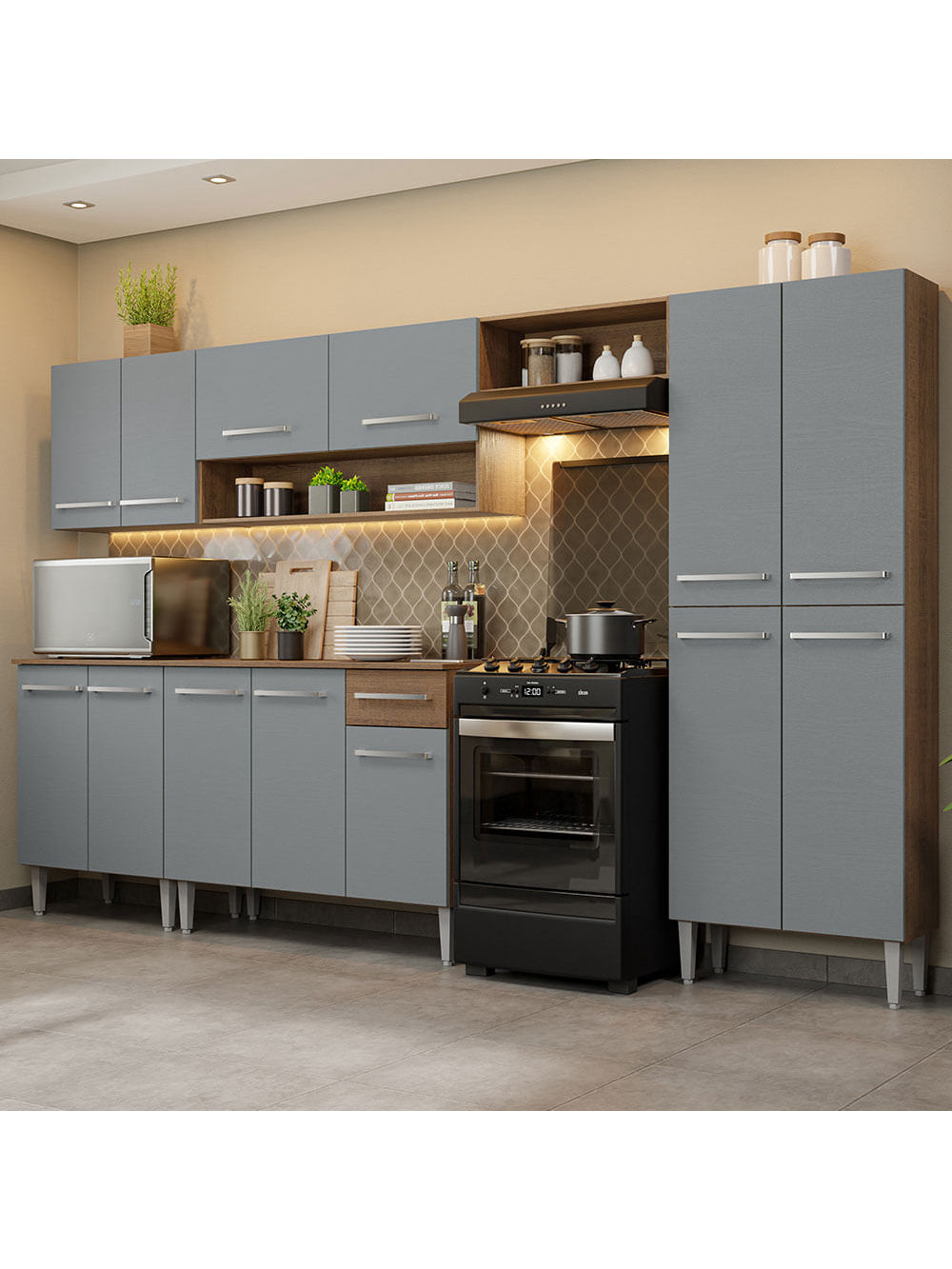 Armário de Cozinha Completa 293cm Rustic/Cinza Emilly Madesa 01 - Rustic/Cinza