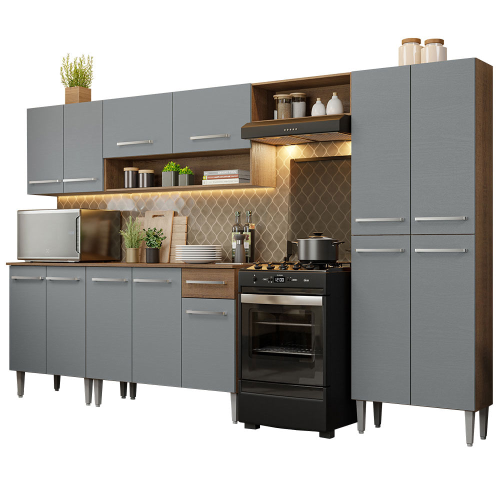 Armário de Cozinha Completa 293cm Rustic/Cinza Emilly Madesa 01 - Rustic/Cinza