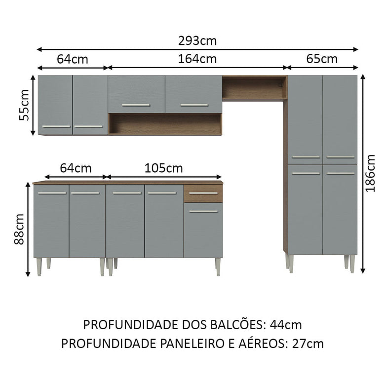 Armário de Cozinha Completa 293cm Rustic/Cinza Emilly Madesa 01