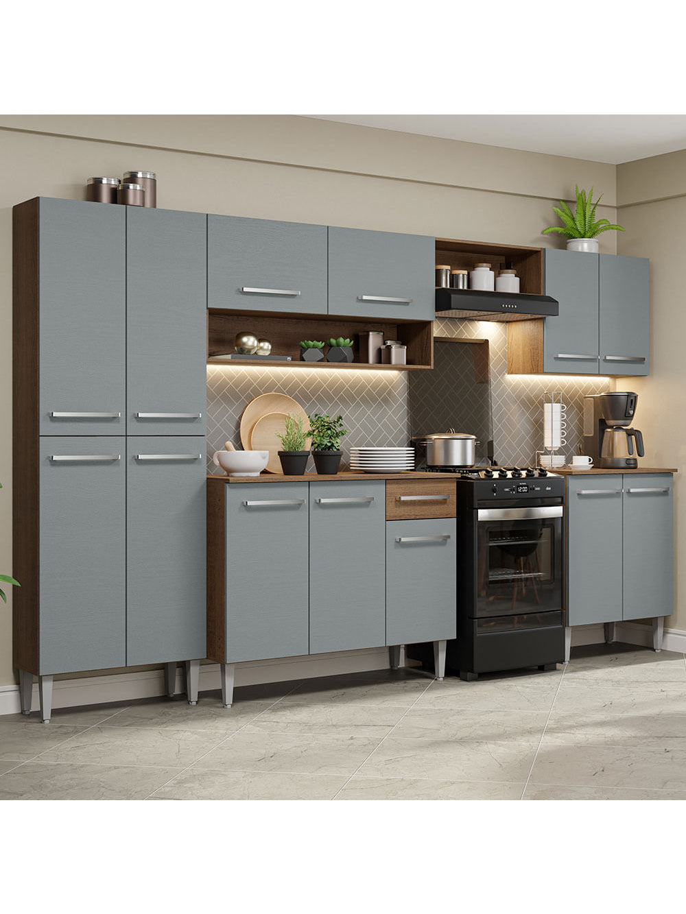 Armário de Cozinha Completa 293cm Rustic/Cinza Emilly Madesa 02 - Rustic/Cinza