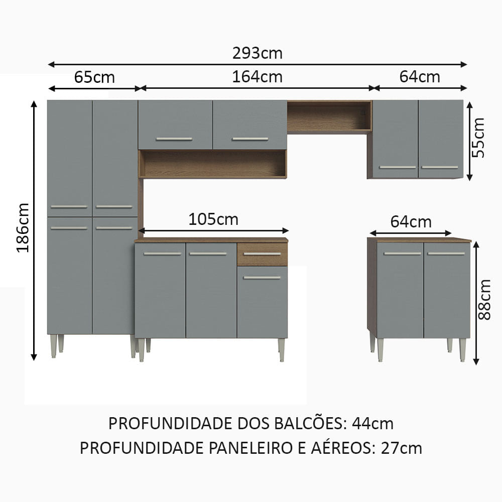 Armário de Cozinha Completa 293cm Rustic/Cinza Emilly Madesa 02