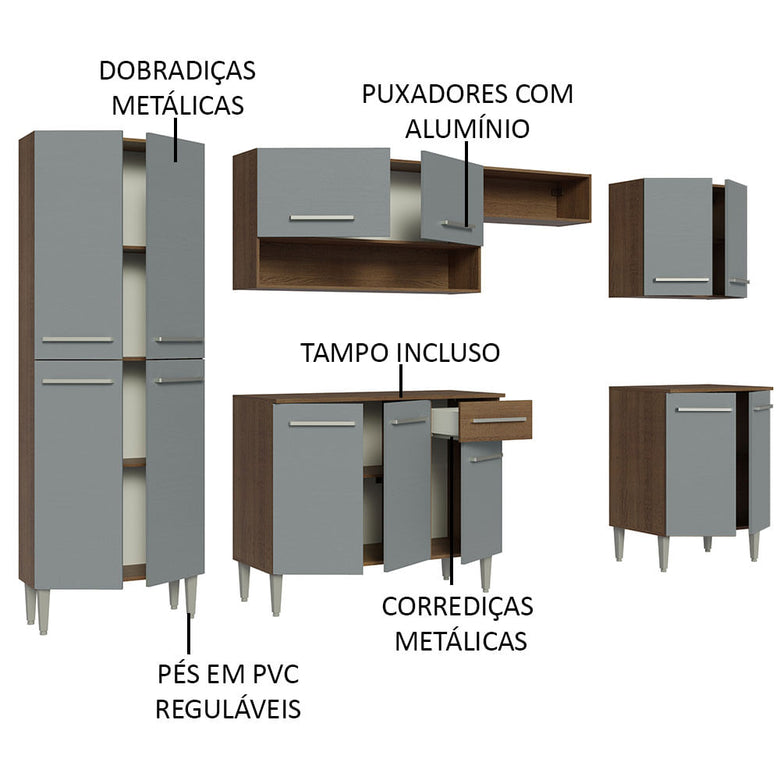 Armário de Cozinha Completa 293cm Rustic/Cinza Emilly Madesa 02
