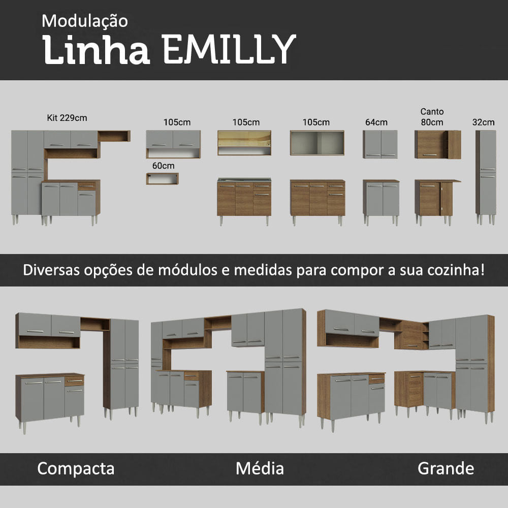 Armário de Cozinha Completa 325cm Cinza/Rustic Emilly Madesa 02