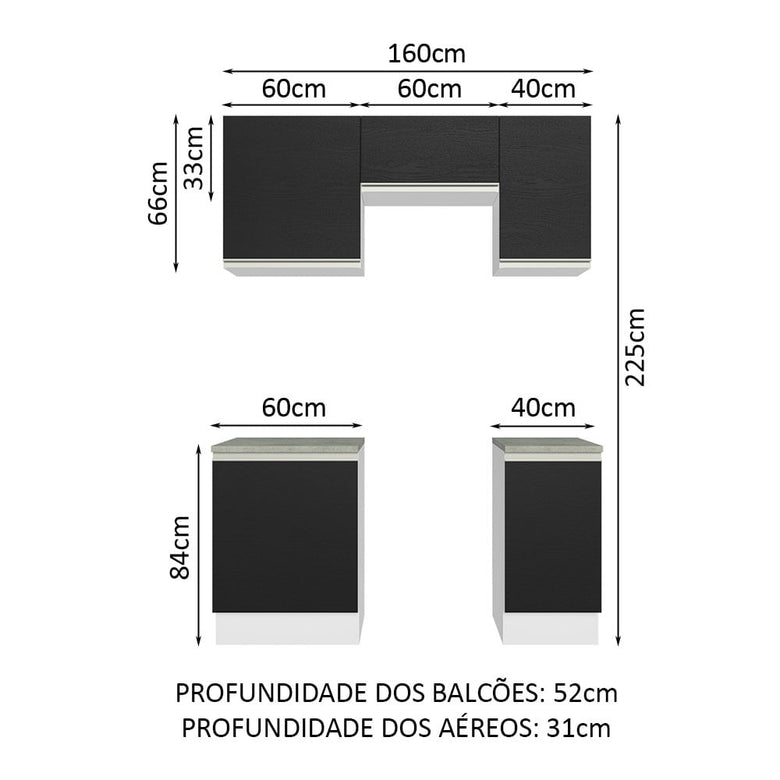 Armário de Cozinha Compacta 160cm Branco/Preto Glamy Madesa 07