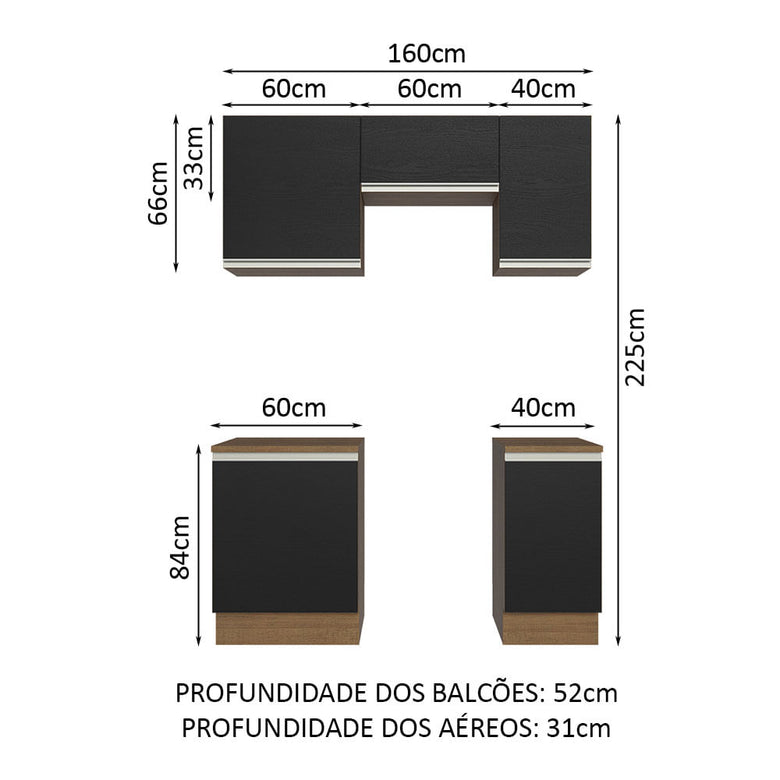 Armário de Cozinha Compacta 160cm Rustic/Preto Glamy Madesa 07