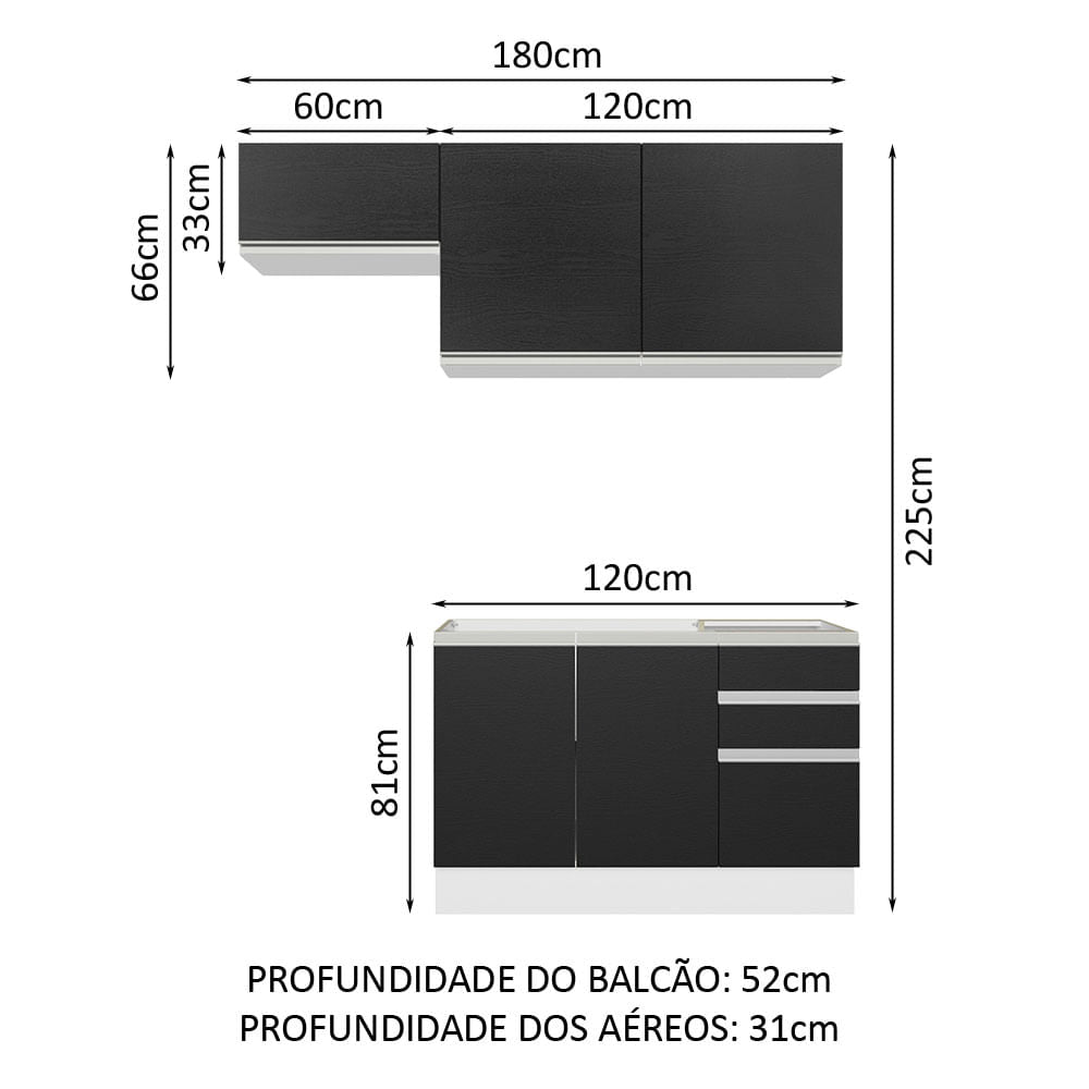Armário de Cozinha Compacta 180cm Branco/Preto Glamy Madesa 09