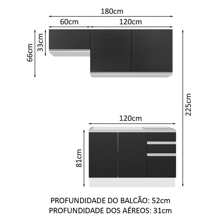 Armário de Cozinha Compacta 180cm Branco/Preto Glamy Madesa 09