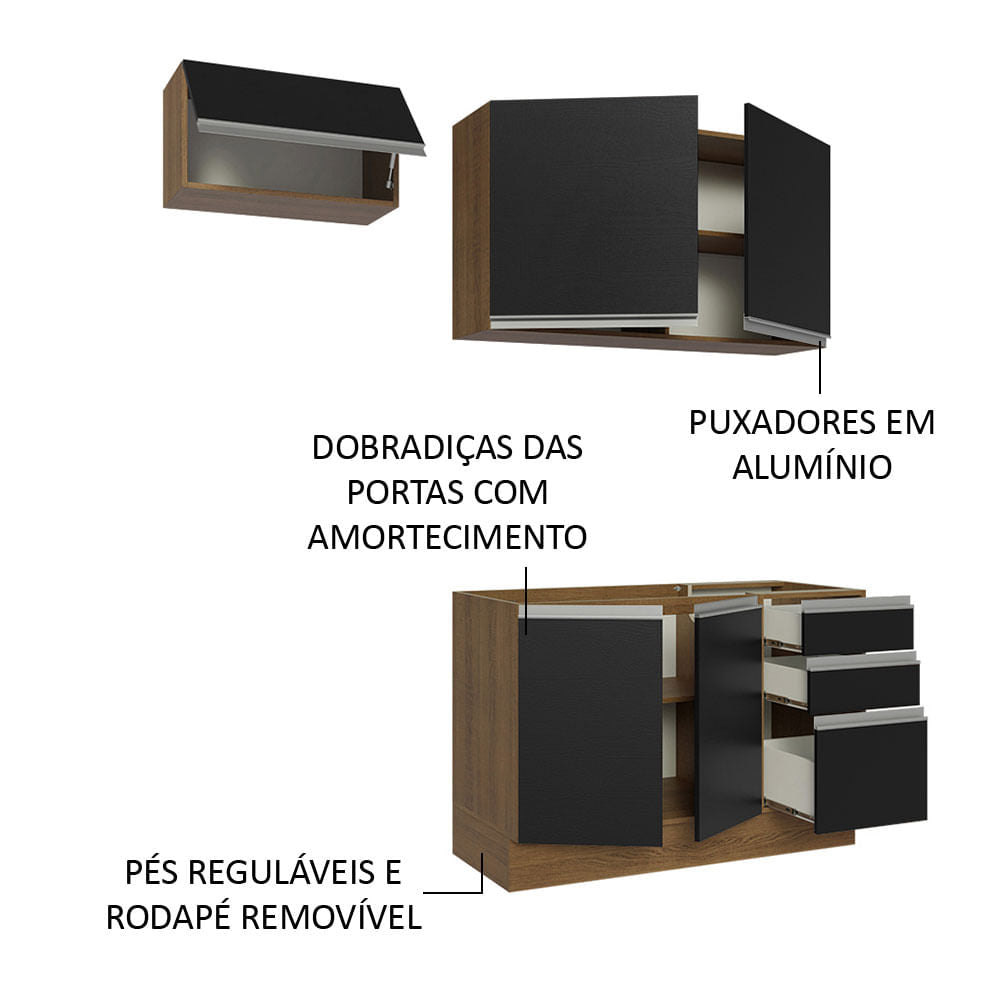 Armário de Cozinha Compacta 180cm Rustic/Preto Glamy Madesa 09