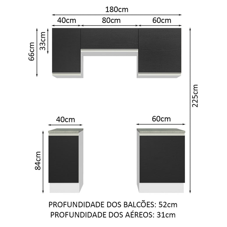 Armário de Cozinha Compacta 180cm Branco/Preto Glamy Madesa 12