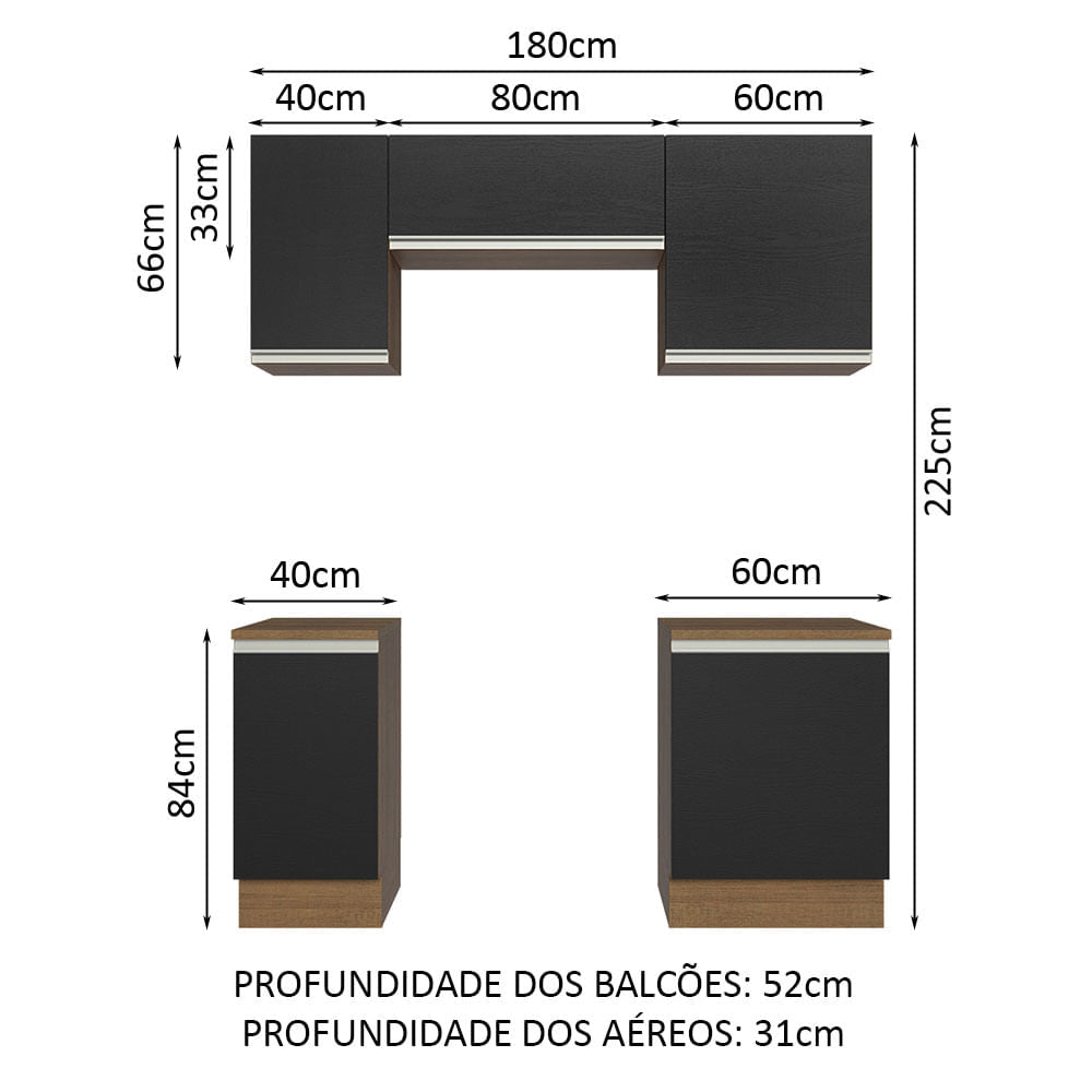 Armário de Cozinha Compacta 180cm Rustic/Preto Glamy Madesa 12