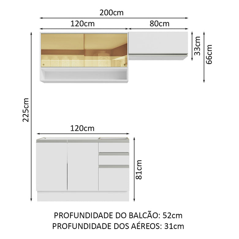 Armário de Cozinha Compacta 200cm Branco Glamy Madesa 08