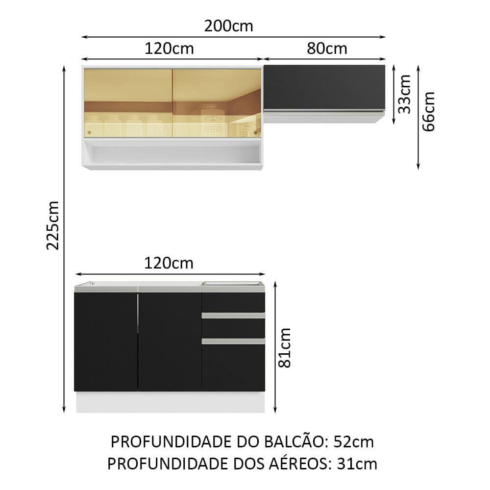 Armário de Cozinha Compacta 200cm Branco/Preto Glamy Madesa 08