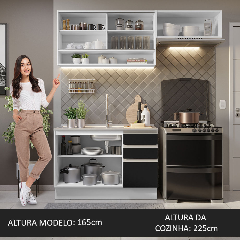 Armário de Cozinha Compacta 200cm Branco/Preto Glamy Madesa 08