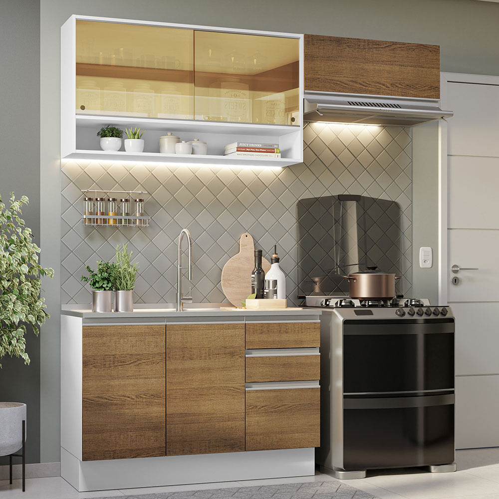 Armário de Cozinha Compacta 200cm Branco/Rustic Glamy Madesa 08 - Branco/Preto