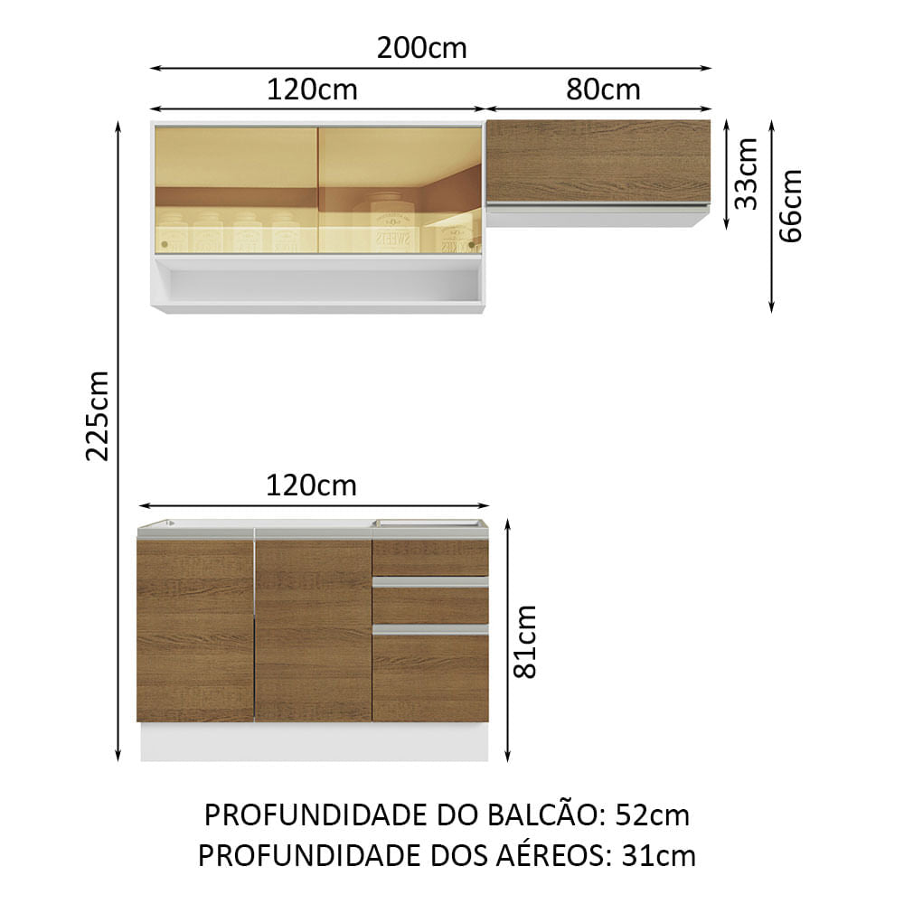 Armário de Cozinha Compacta 200cm Branco/Rustic Glamy Madesa 08