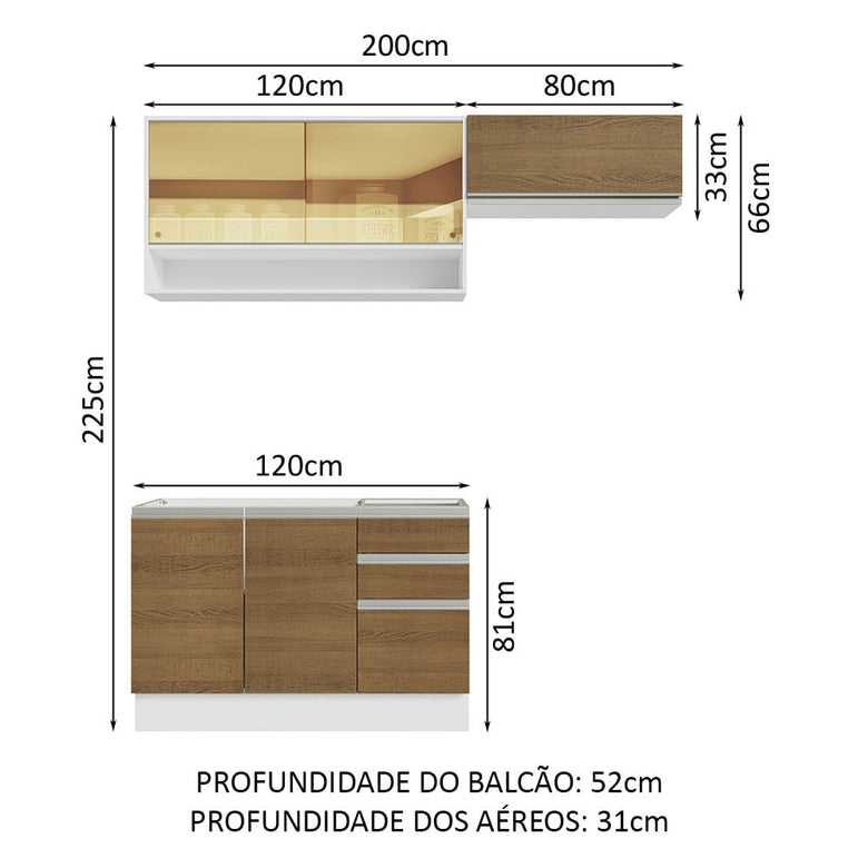 Armário de Cozinha Compacta 200cm Branco/Rustic Glamy Madesa 08