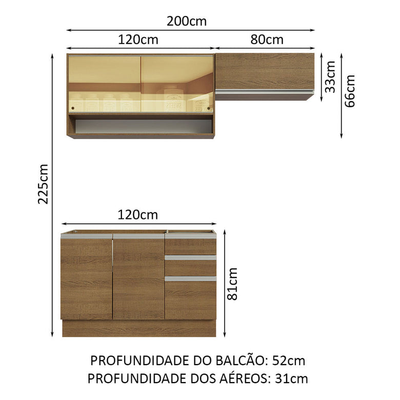 Armário de Cozinha Compacta 200cm Rustic Glamy Madesa 08